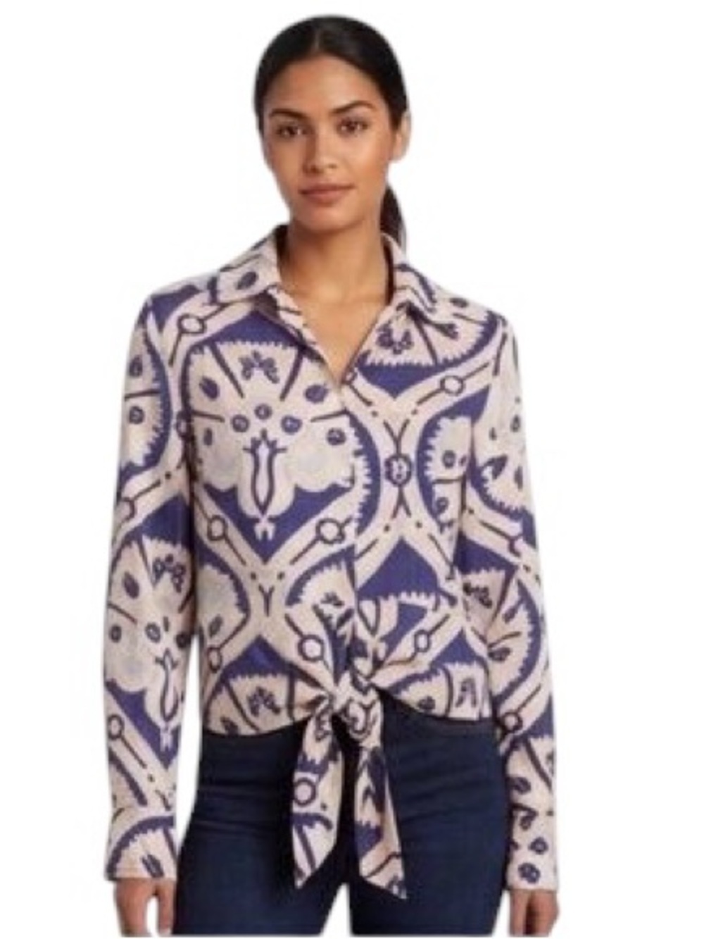 Christian Siriano Women’s Tie Front Linen Blend  Blue & Cream Print Top Sz Large - Picture 2 of 8